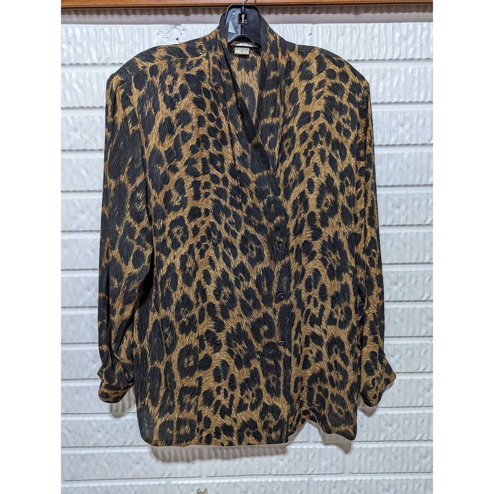 Peter Nygard Women's Brown & Tan Leopard Print Silk Double Breasted Blouse Size